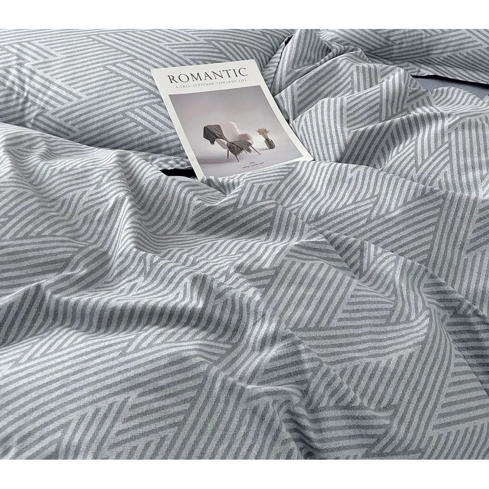 Kang Gray Striped 100% Cotton Comforter Set Queen Minimalist Modern Quiet Luxury